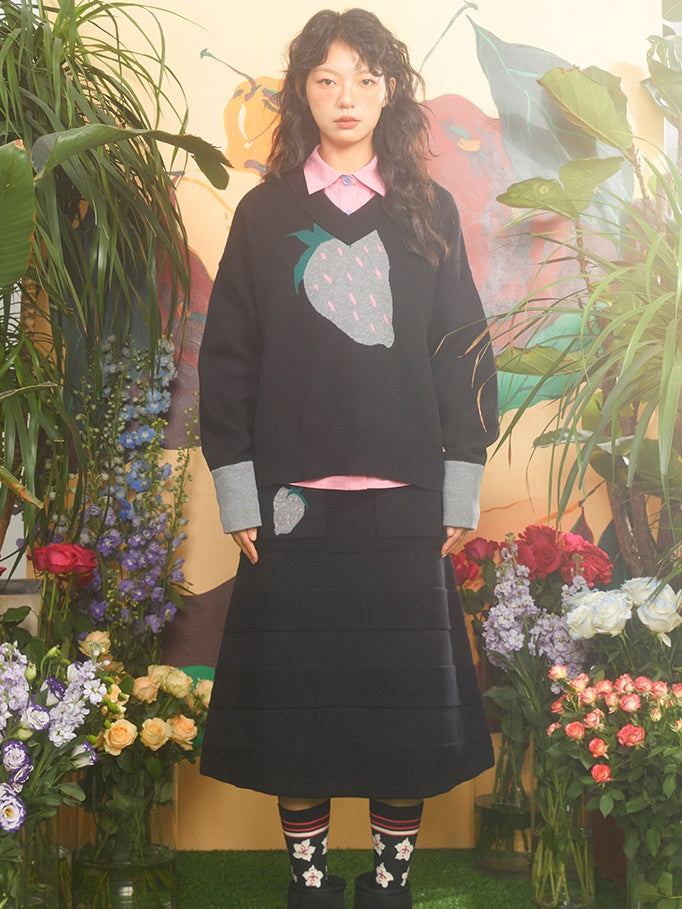 Strawberry Jacquard V-Ausschnitt Strickpullover & Rock