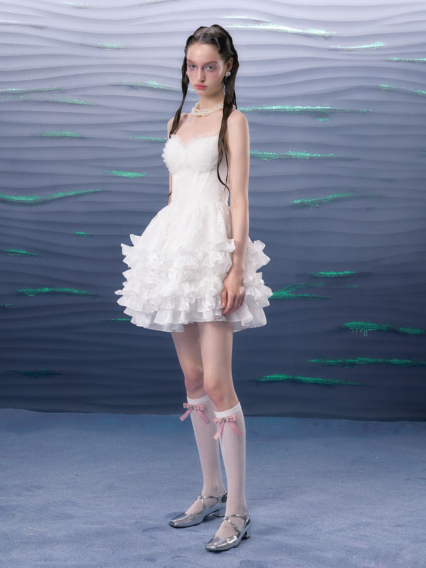 Organza Puffy Suspender Dress & Pearl Corset