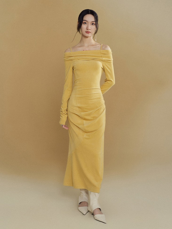 One-shoulder Long-sleeved Brushed Long Knit Dress – ARCANA ARCHIVE