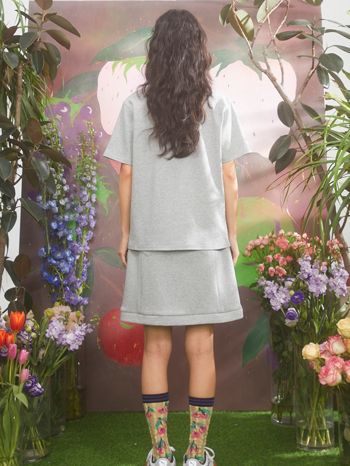 Cherry Embroidery Short Sleeve T-shirt & Sweat Straight Loose Skirt