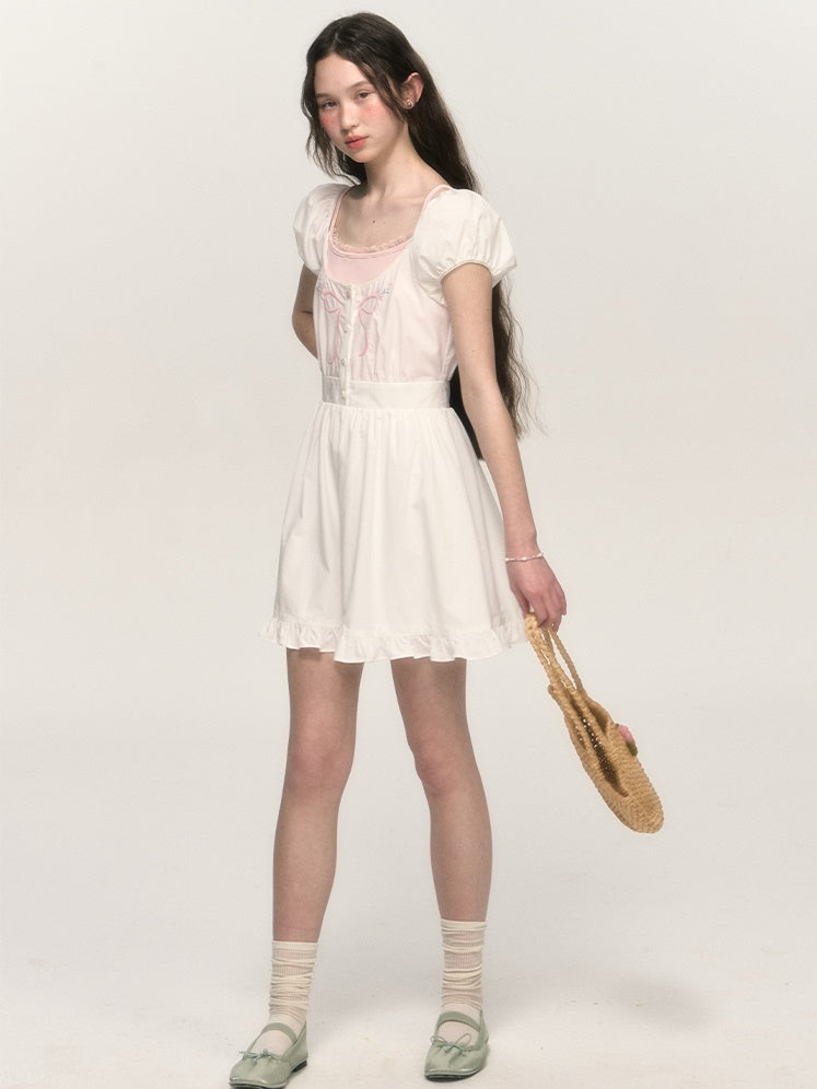 French Retro Bow Embroidery Puff Sleeve A-line One-piece