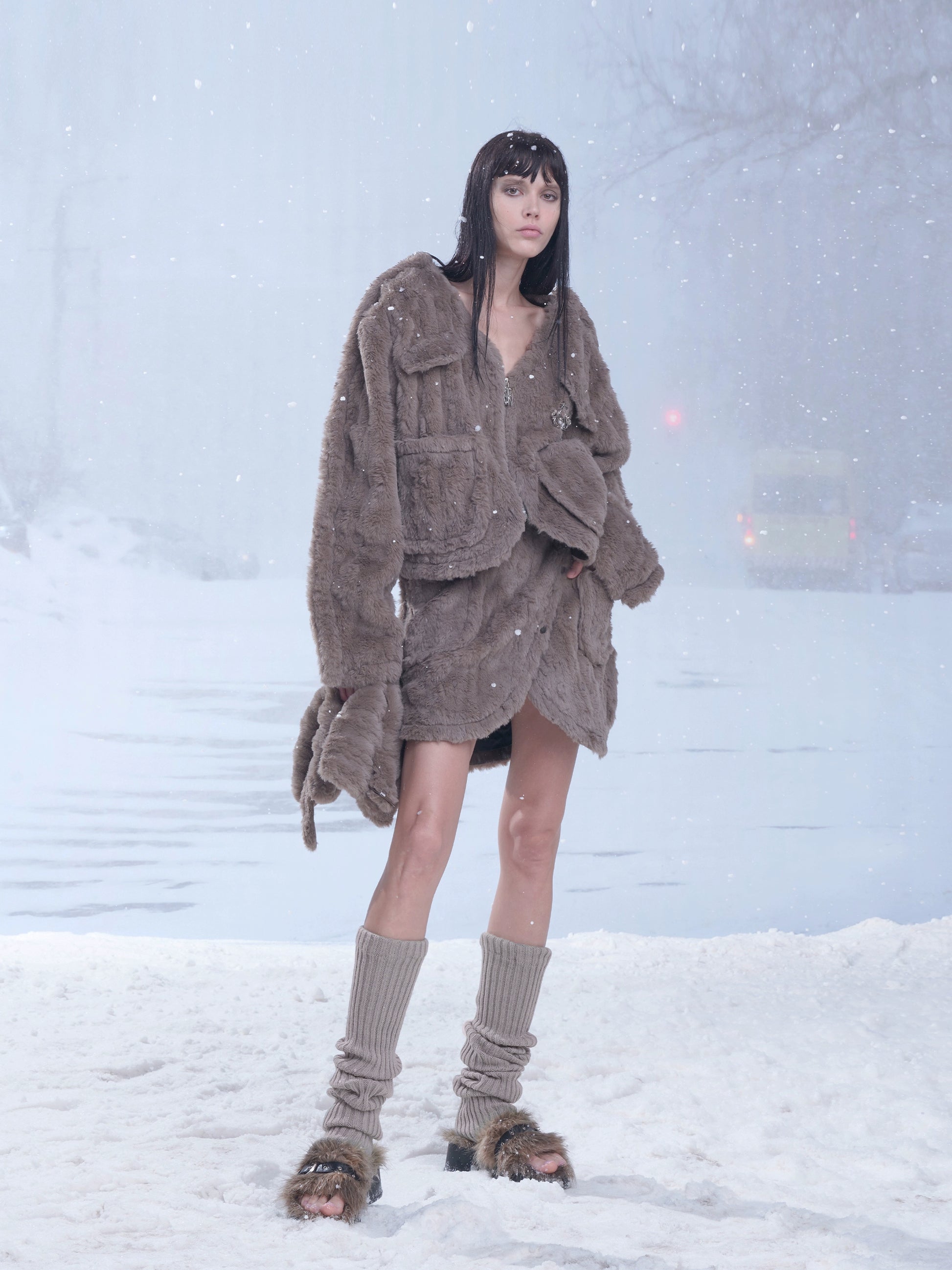 Fluffy Removable Collar Short Jacket & Wrap Design Skirt