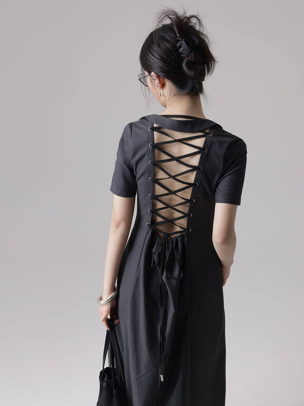 Futuristic Backless Lace-up Asymmetry Collar Dress
