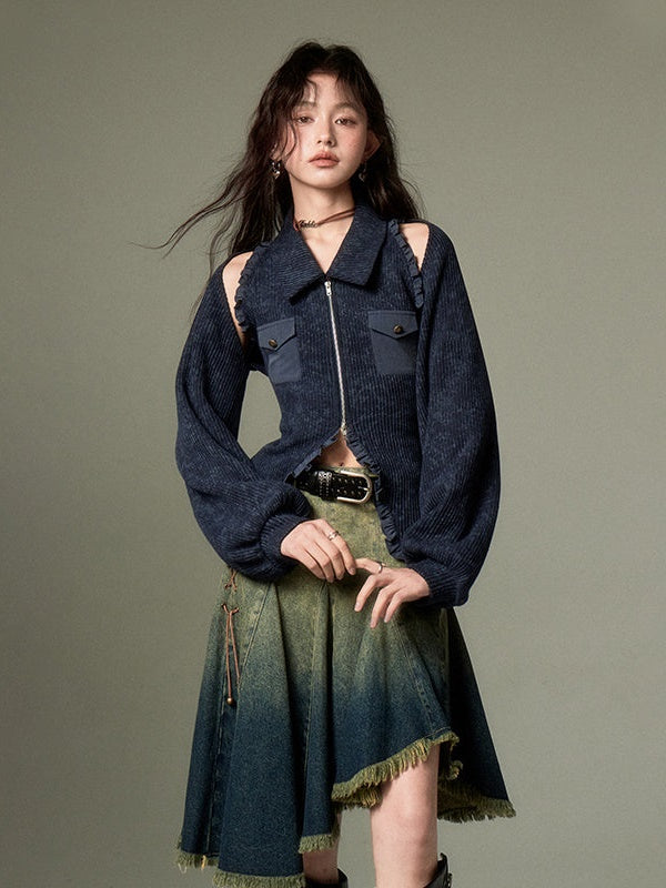 Polo Collar Knitted Sleeveless Top & Shawl Cardigan Set-up