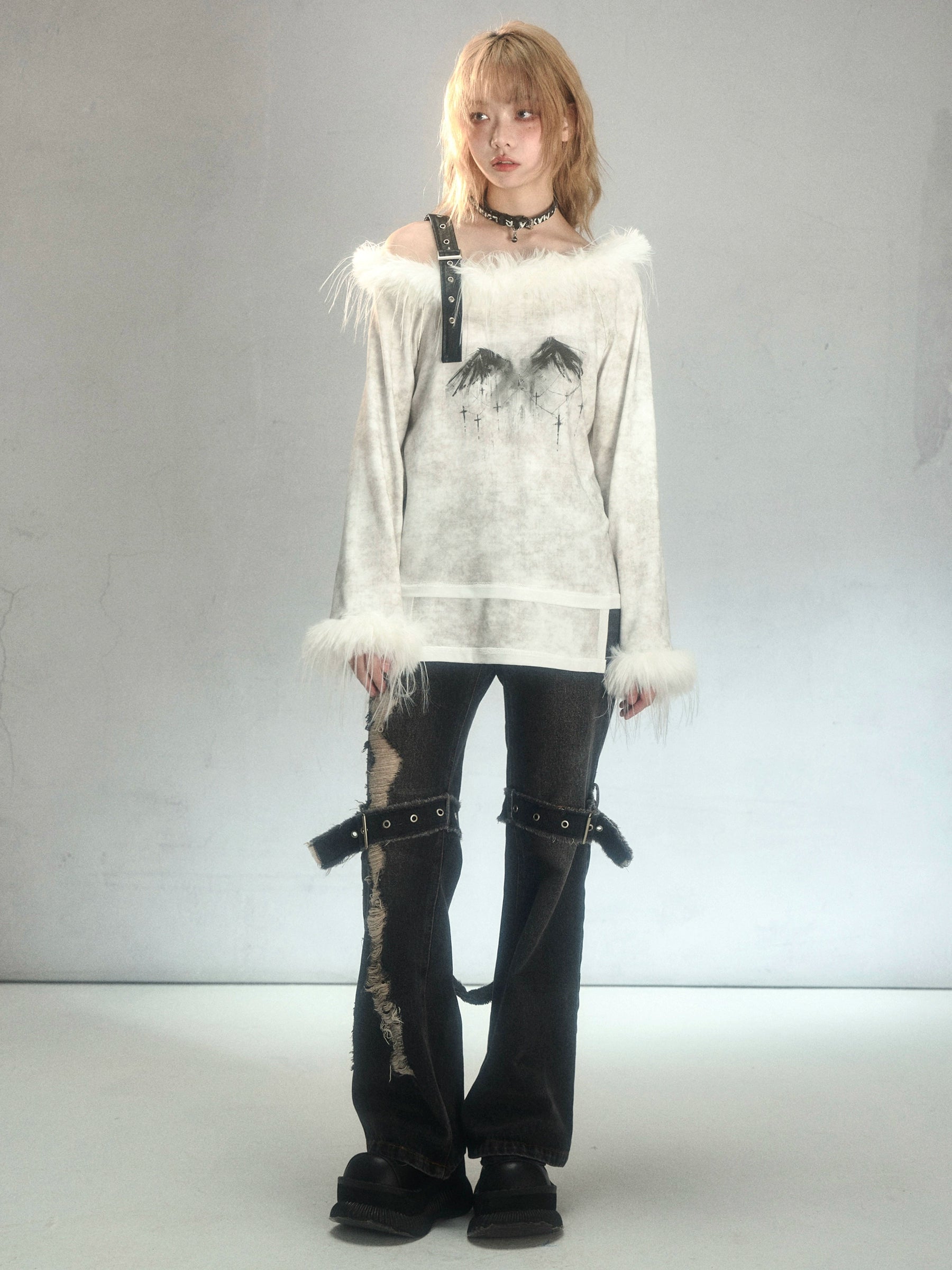 Punk Raw Edge Ripped Holes Flared Denim Trousers