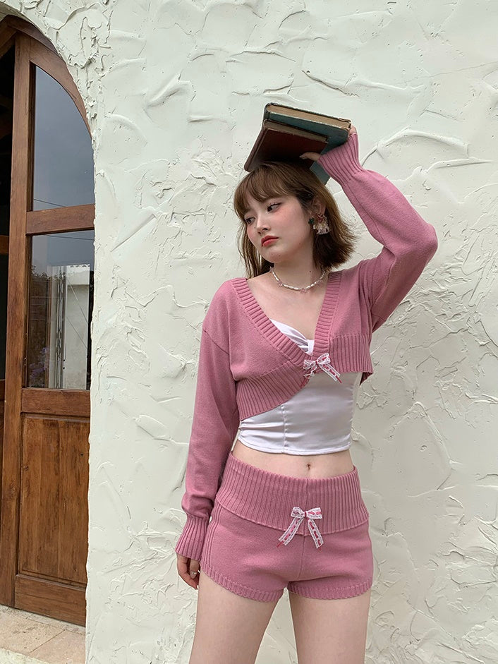 Knitted Cropped V-neck Cardigan & Short Pants