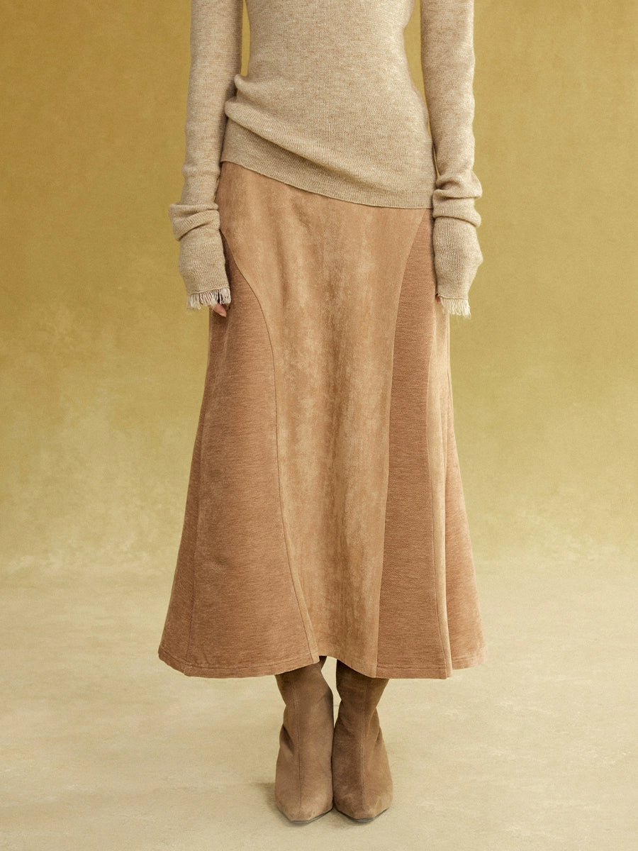 Fake Suede Curved Patchwork Skirt