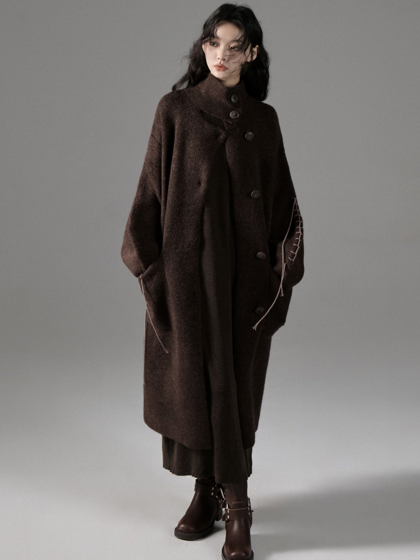 High-Neck Loose Long Soft Waxy Coat