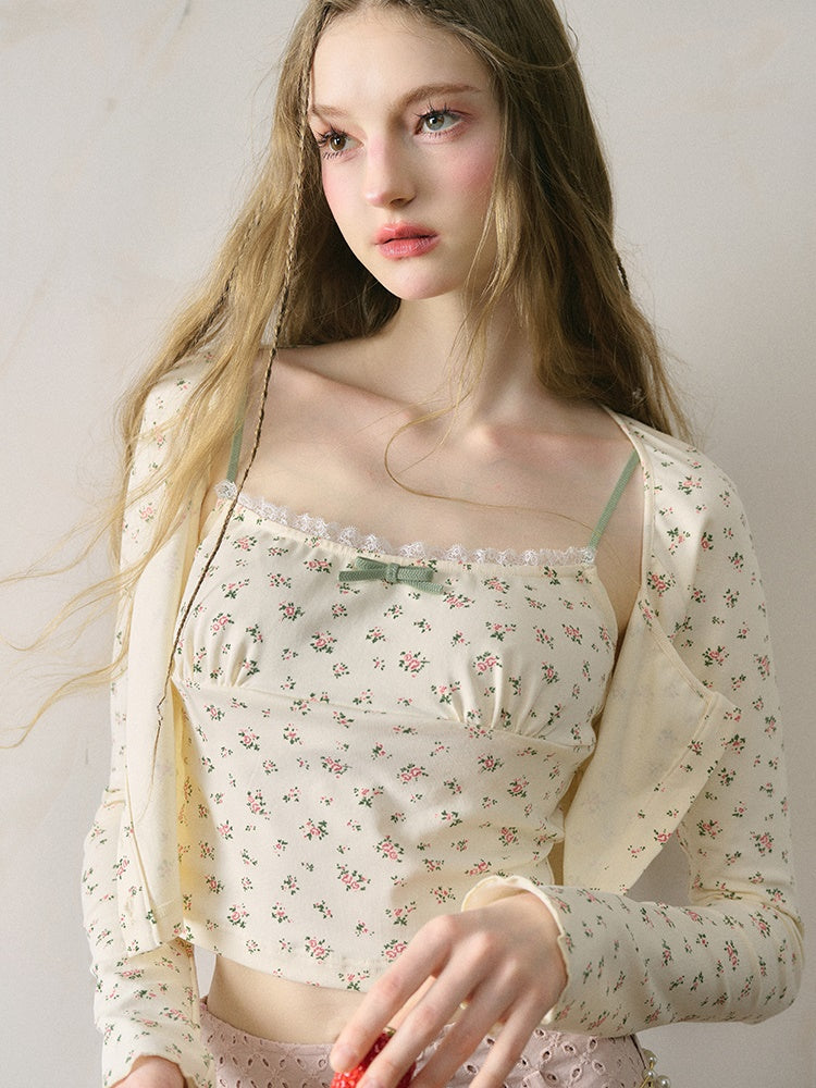French Floral Girly Camisole & Cropped Cardigan & Skirt