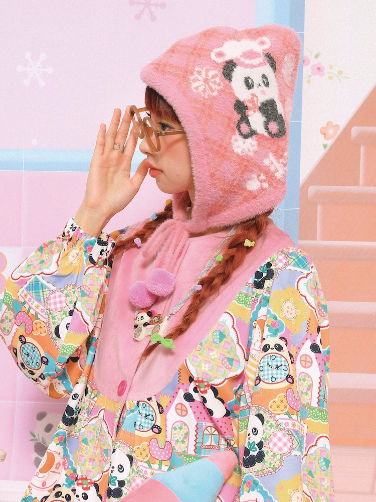 레트로 격자 무늬 자이언트 팬더 봉제 니트 귀 보호 모자