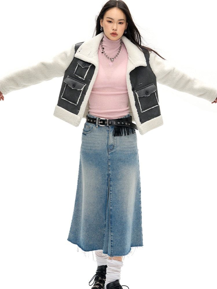 아코디언 밑단 생 가장자리 데님 스커트