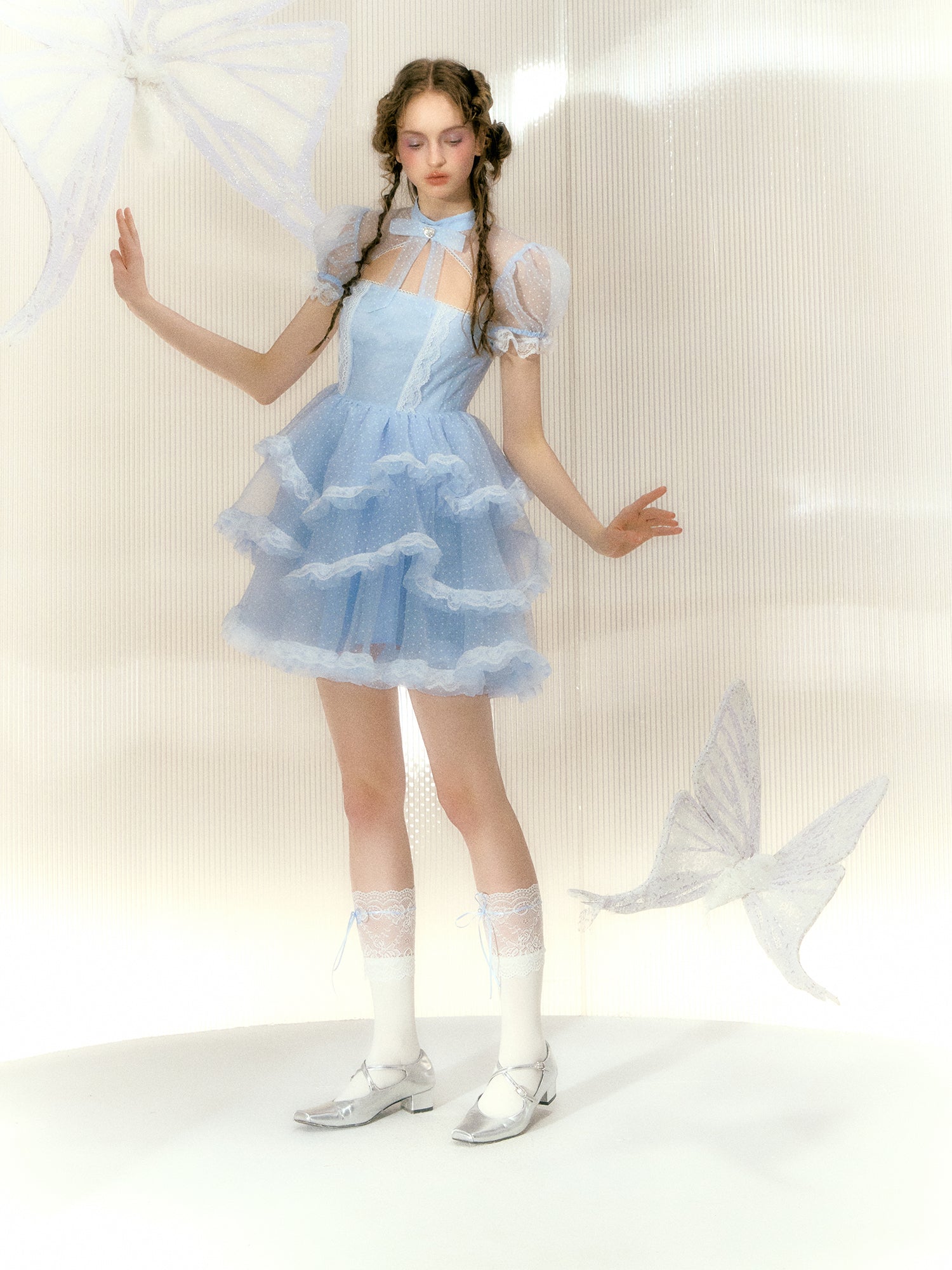 Polka Dot Rhinestone Bow Short-sleeved Lace Princess Dress