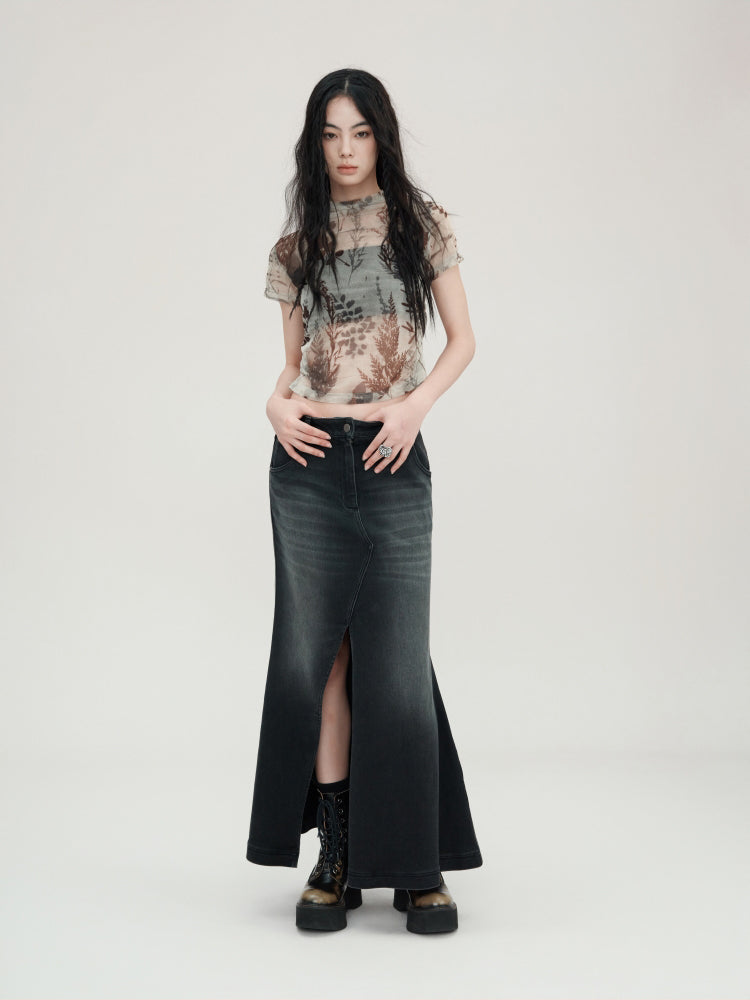 Plant Printing Micro-transparent Mesh T-shirt