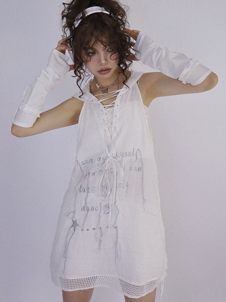 Drawstring Lace-Up Hoodie Sleevels Parka