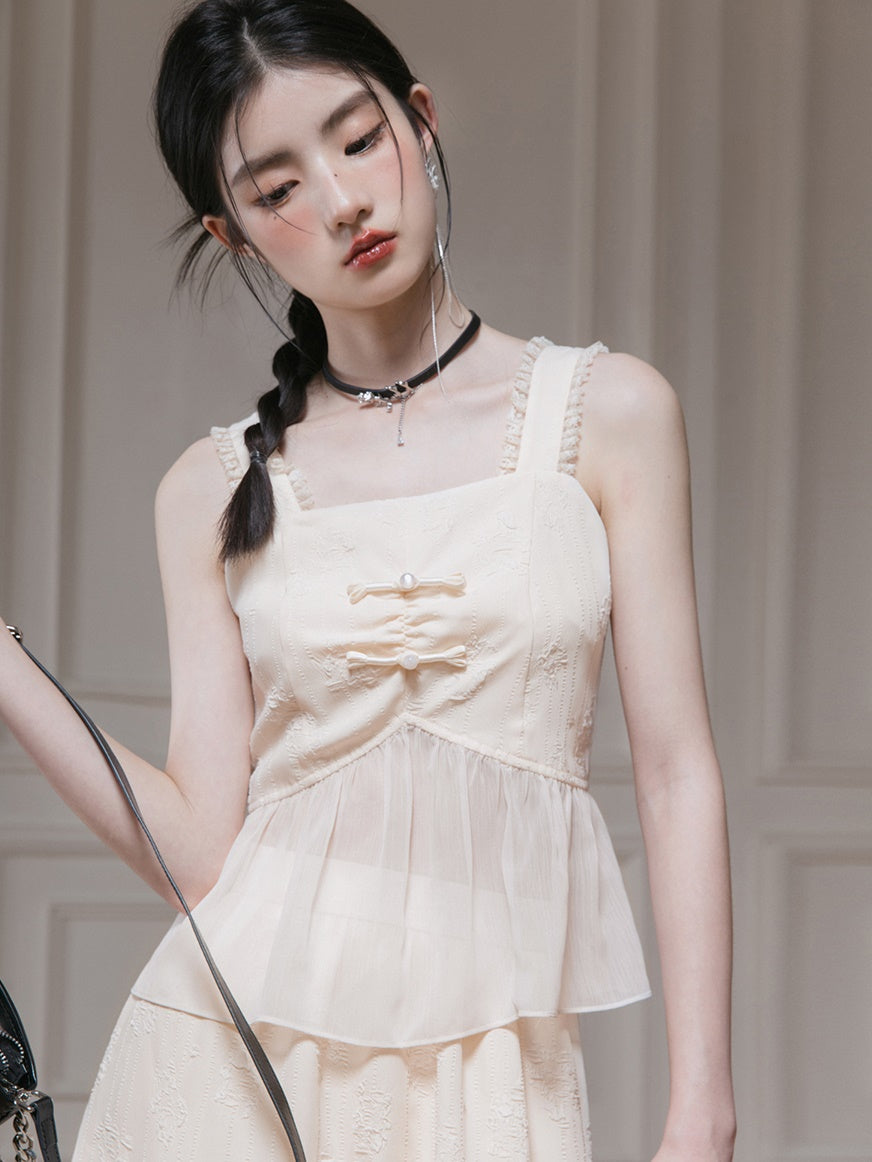 Jacquard Gauze Switching Camisole Top & Ruffle Skirt Set-up