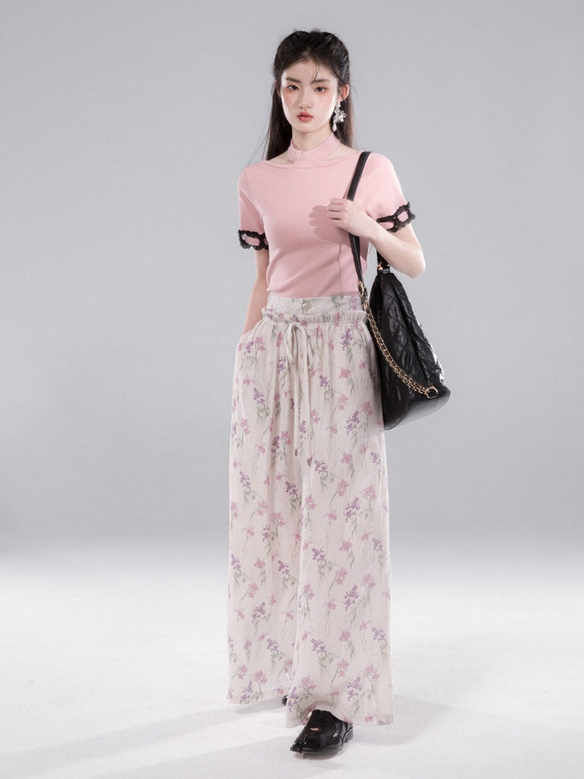 Flower Drawstring Printed Wide-leg Pants