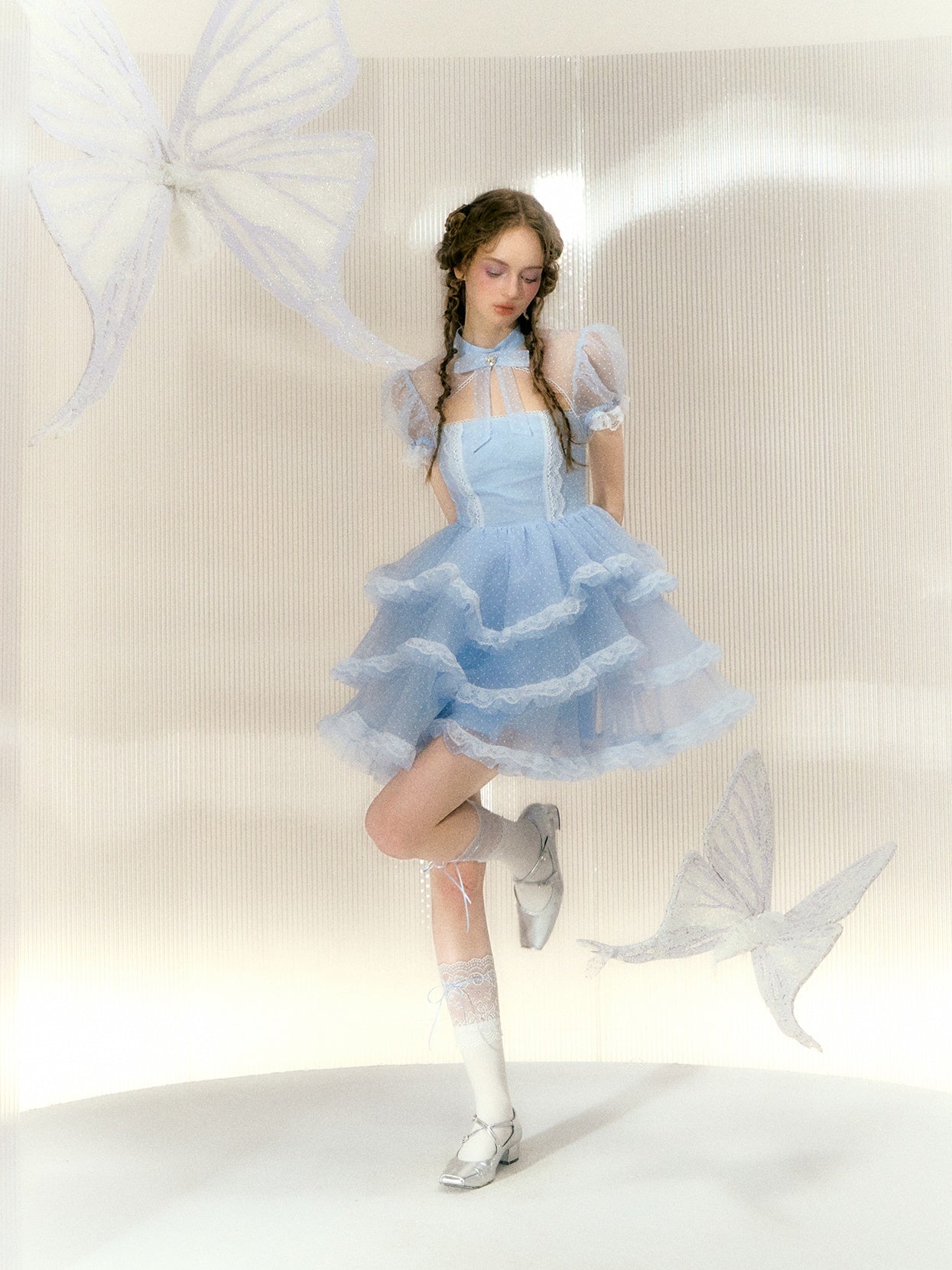 Polka Dot Rhinestone Bow Short-sleeved Lace Princess Dress