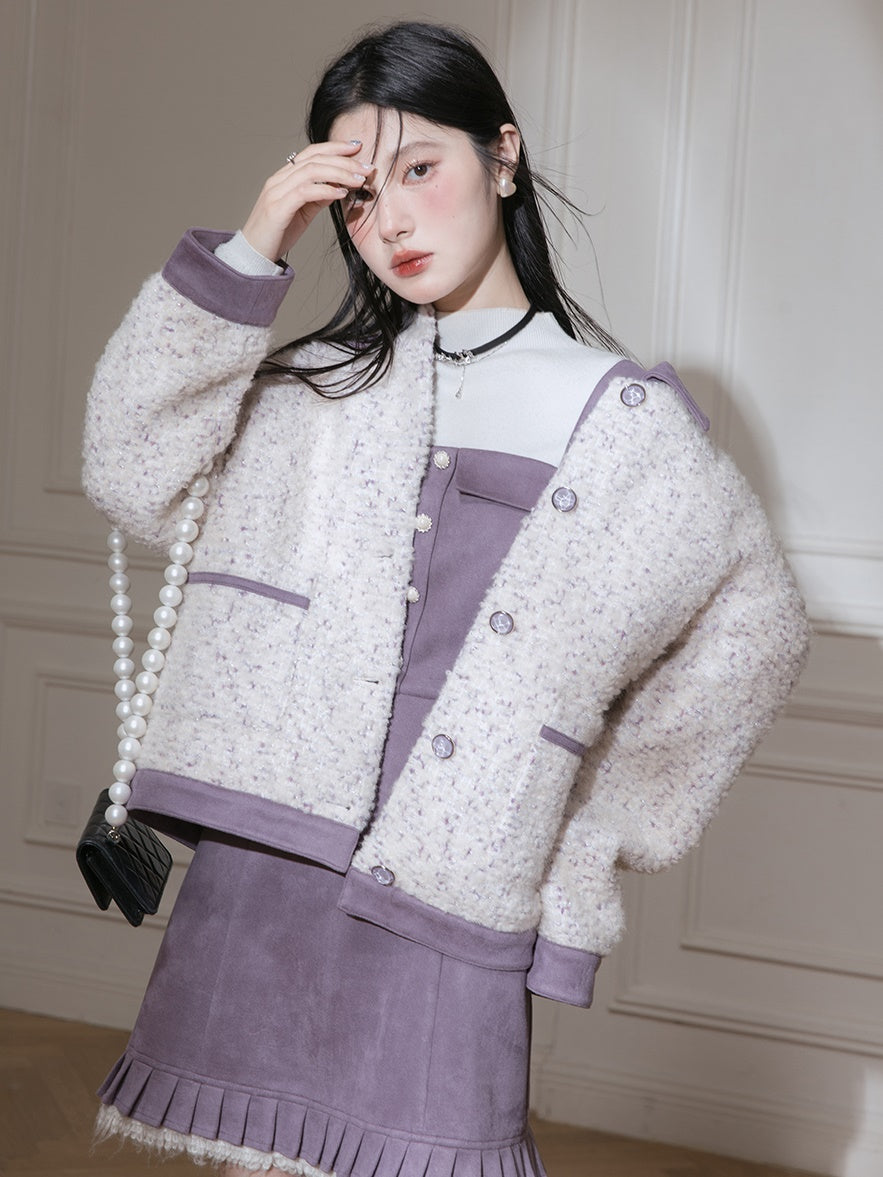 Farbblockierte Jacke & Gurt Frill Short Kleid