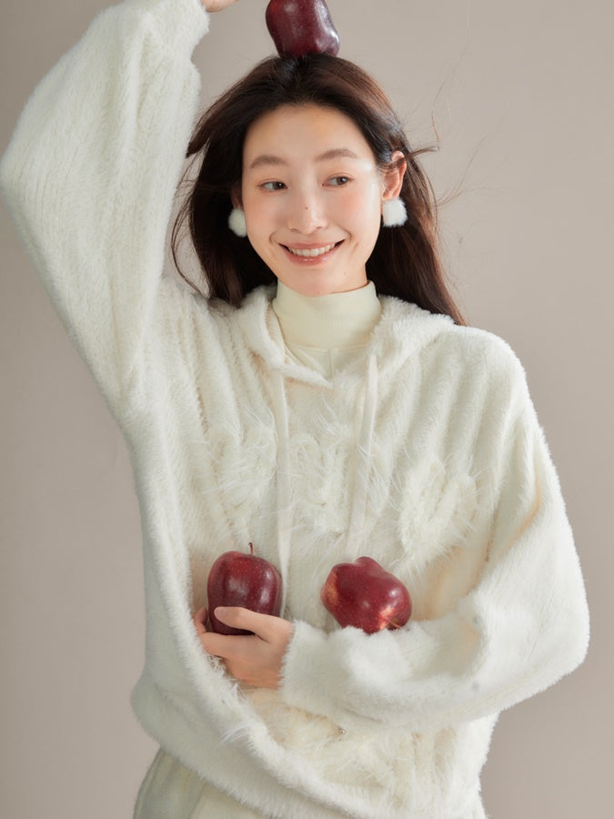 Tulip Hand Embroidery Fluffy Knitted Hooded Top
