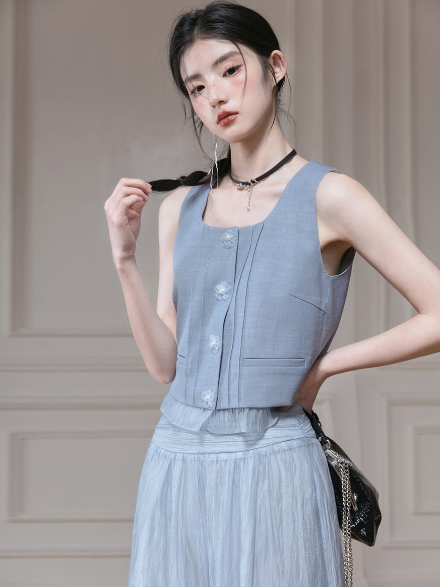 Frill Stitch U-neck Vest & Gauze Long Skirt Set-up