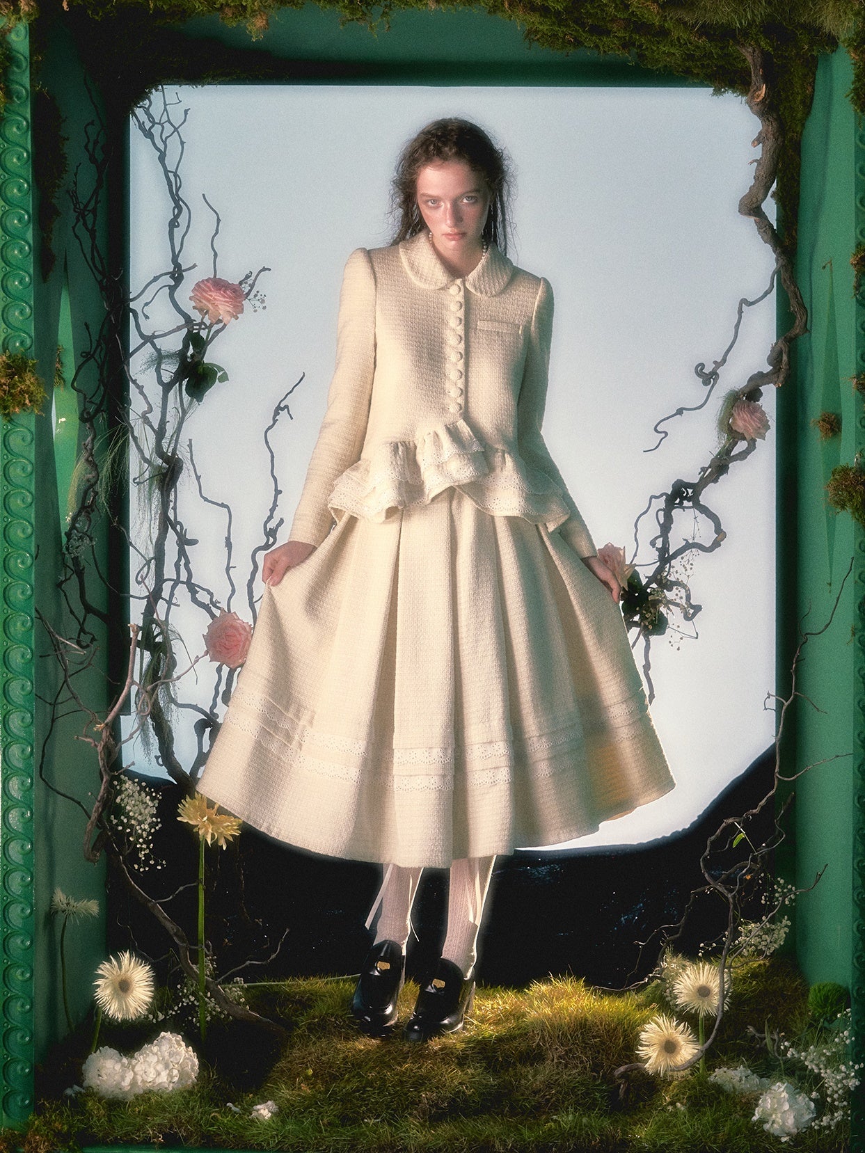 Irregular Lace Hem Jacket & Elastic Waist Pleated Skirt