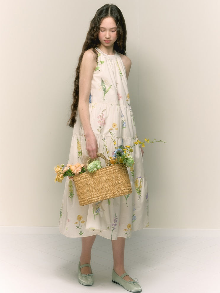 French Retro Girly Print Pleated A-line Halterneck Long Dress