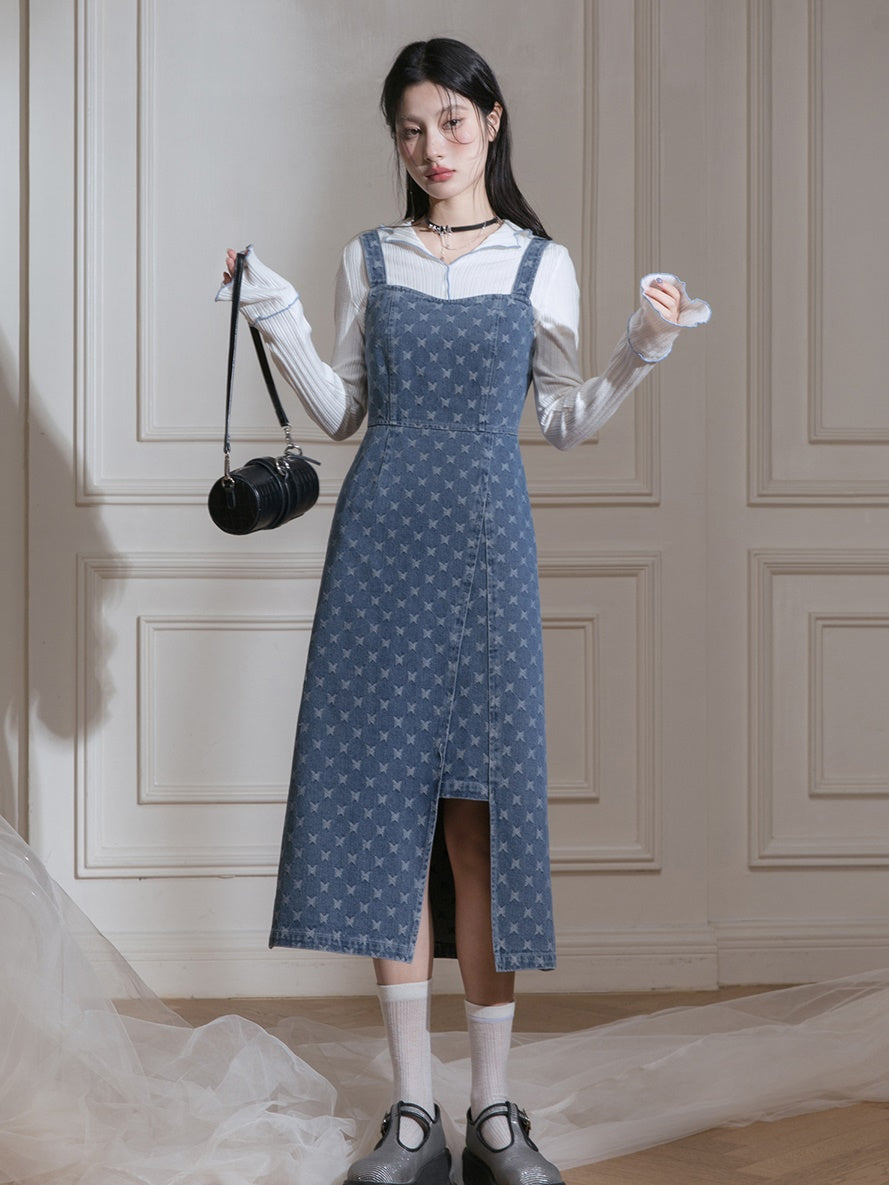 Raw Edge Jacquard Denim Jacket & Butterfly Suspender Skirt