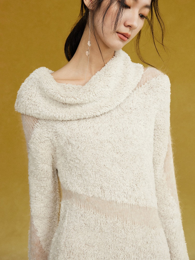 Patchwork Asymmetrical Pile Collar Sweater