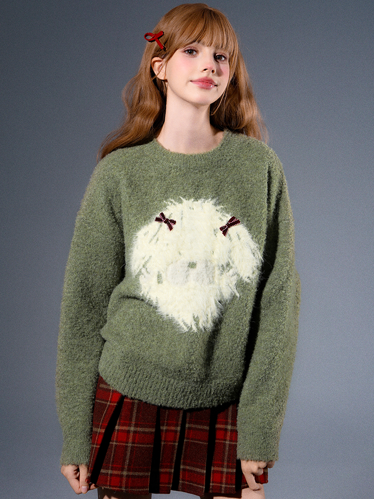 Crew Hals süßer Welpe -Hoop -Strickpullover