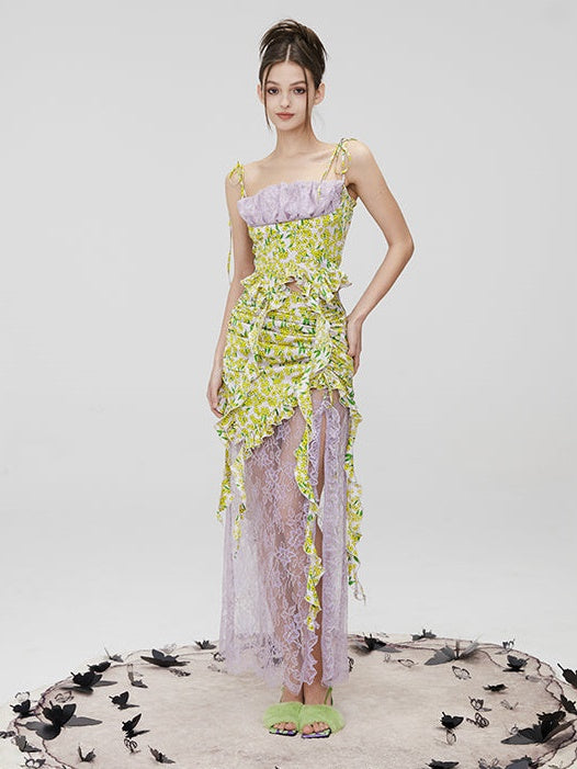 Floral Lace Suspender Top & Drawstring Splicing Skirt