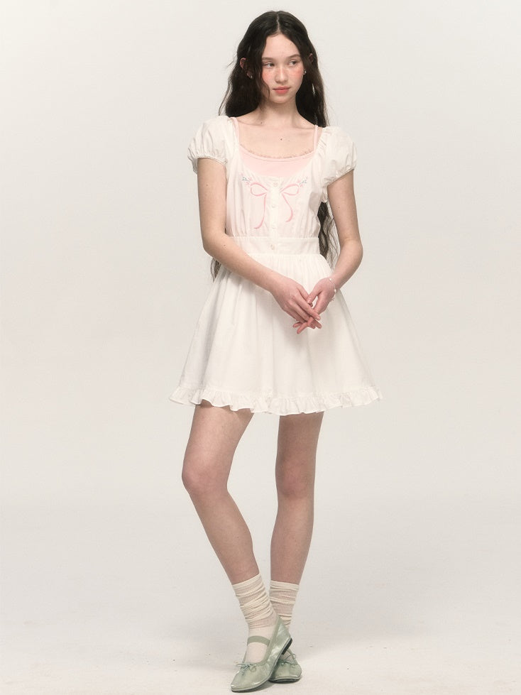 French Retro Bow Embroidery Puff Sleeve A-line One-piece