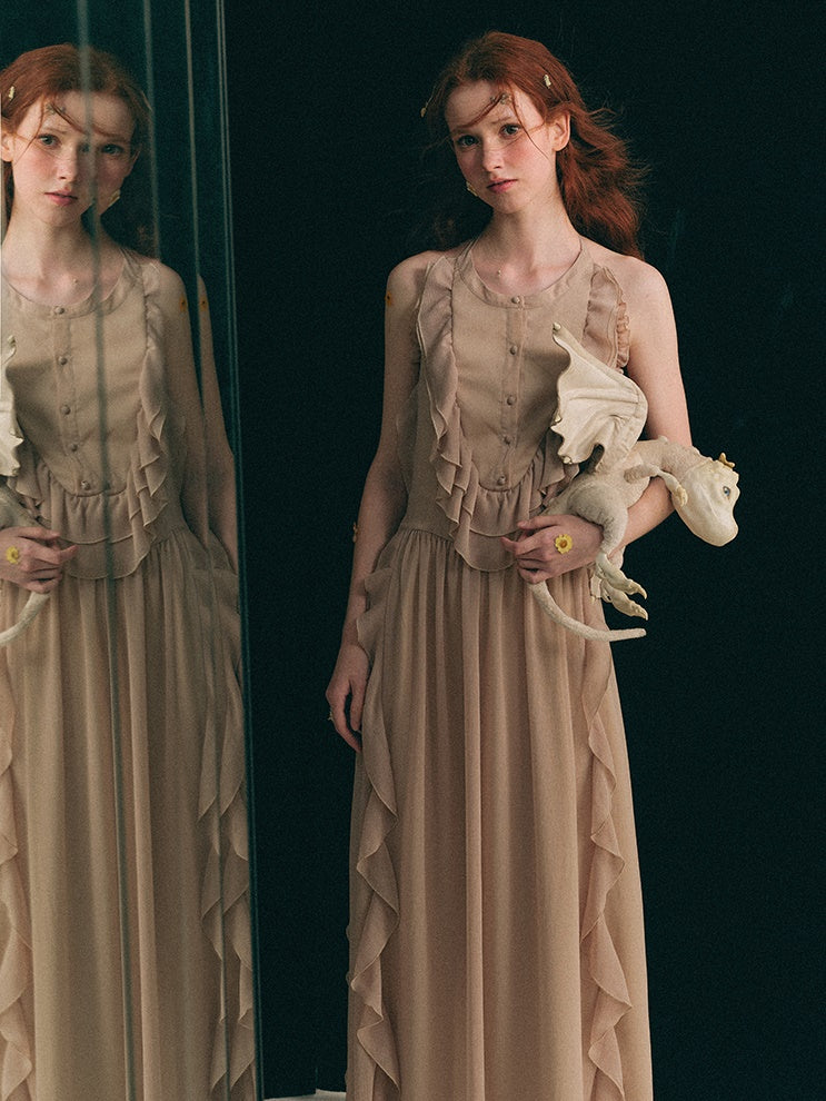 Halterneck Backless Design Frill Long Dress