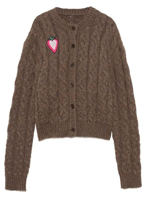 Love Strawberry Embroidered Cable Knitted Cardigan
