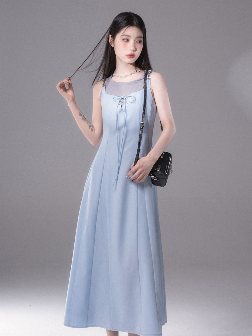 Rope Ribbon Suspender Long Skirt & Short Tank Top Set-up
