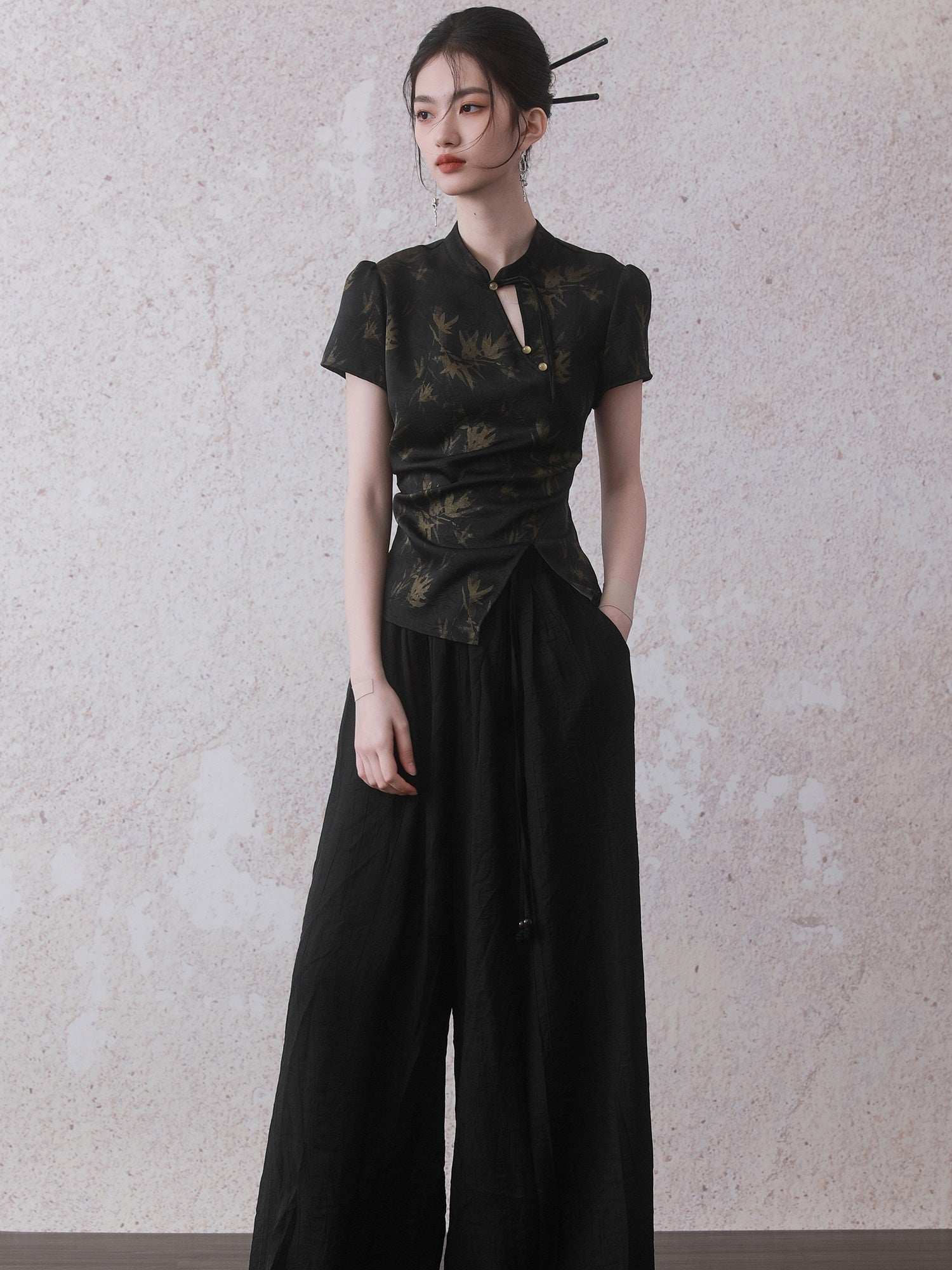 Chinese Style Bamboo Print Short Sleeve Shirt & A-Line Skirt