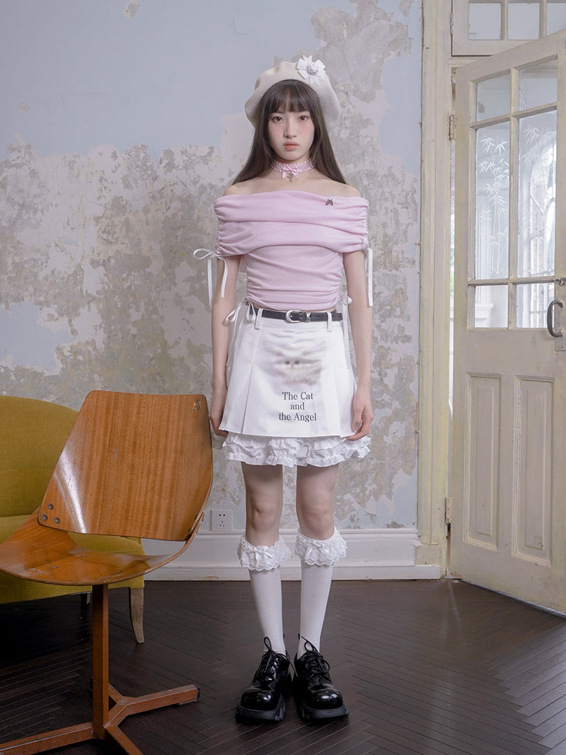 Off-Shouder Shirring Ribbon Short Top
