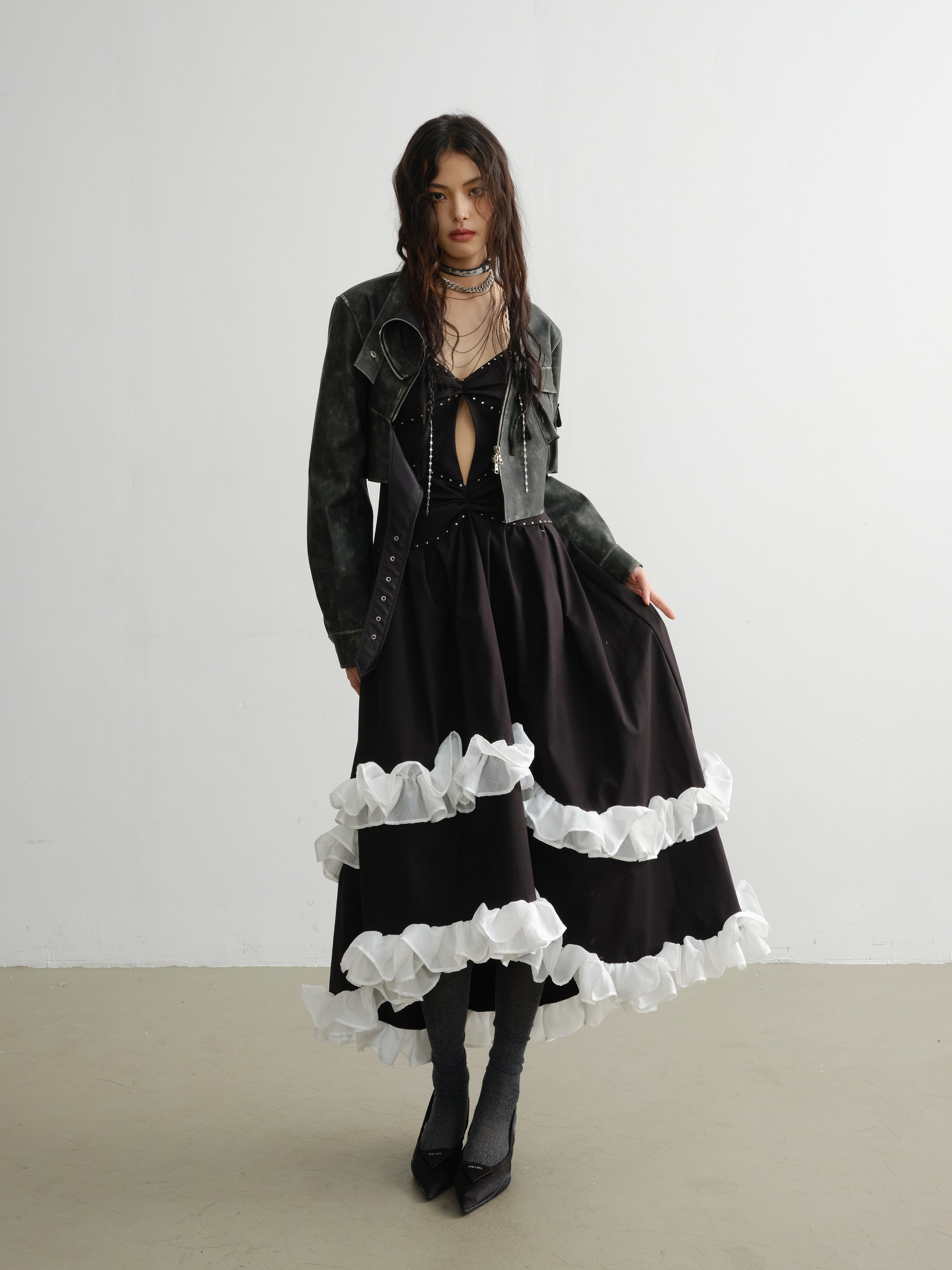 Rivets Decorated Lace Irregular Suspender Dress