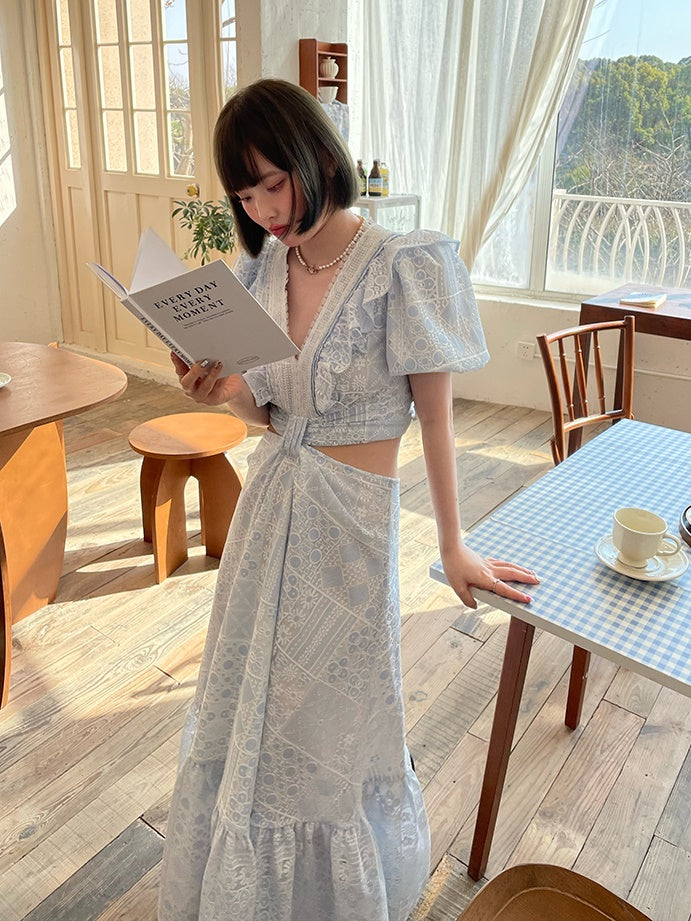 Hollow Lace Puff Sleeves Waistless Dress