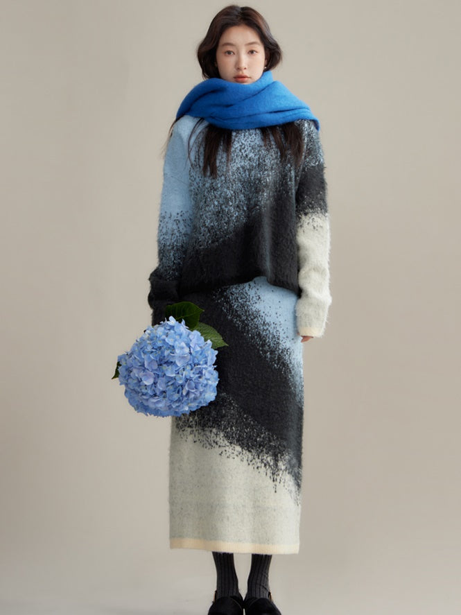 Gradient Color Sweater & Knitted Long Skirt