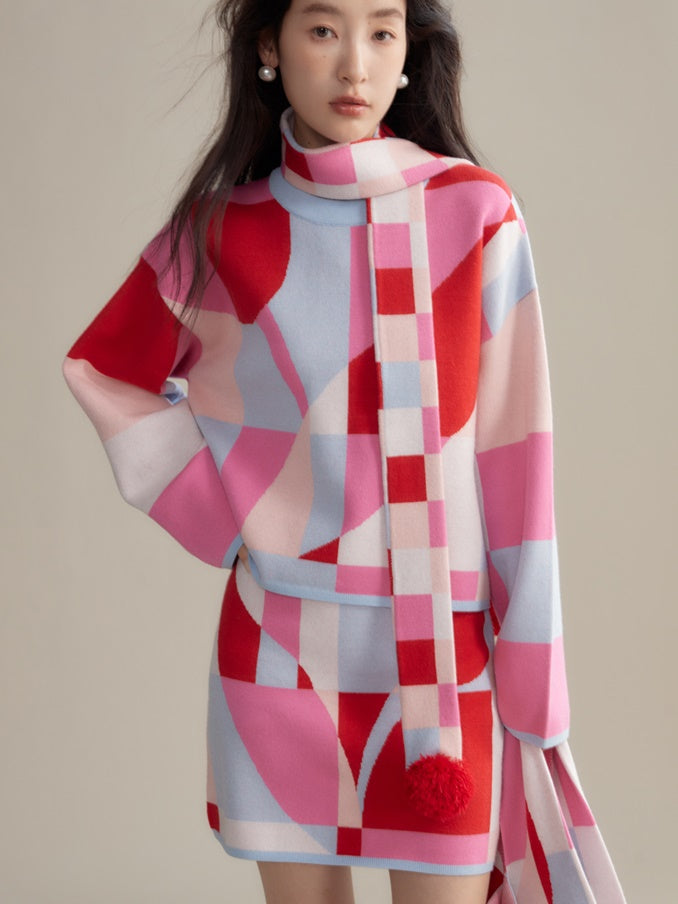 Mosaic Plaid Tulip Stole& Handbag & Knitted Sweater & Skirt