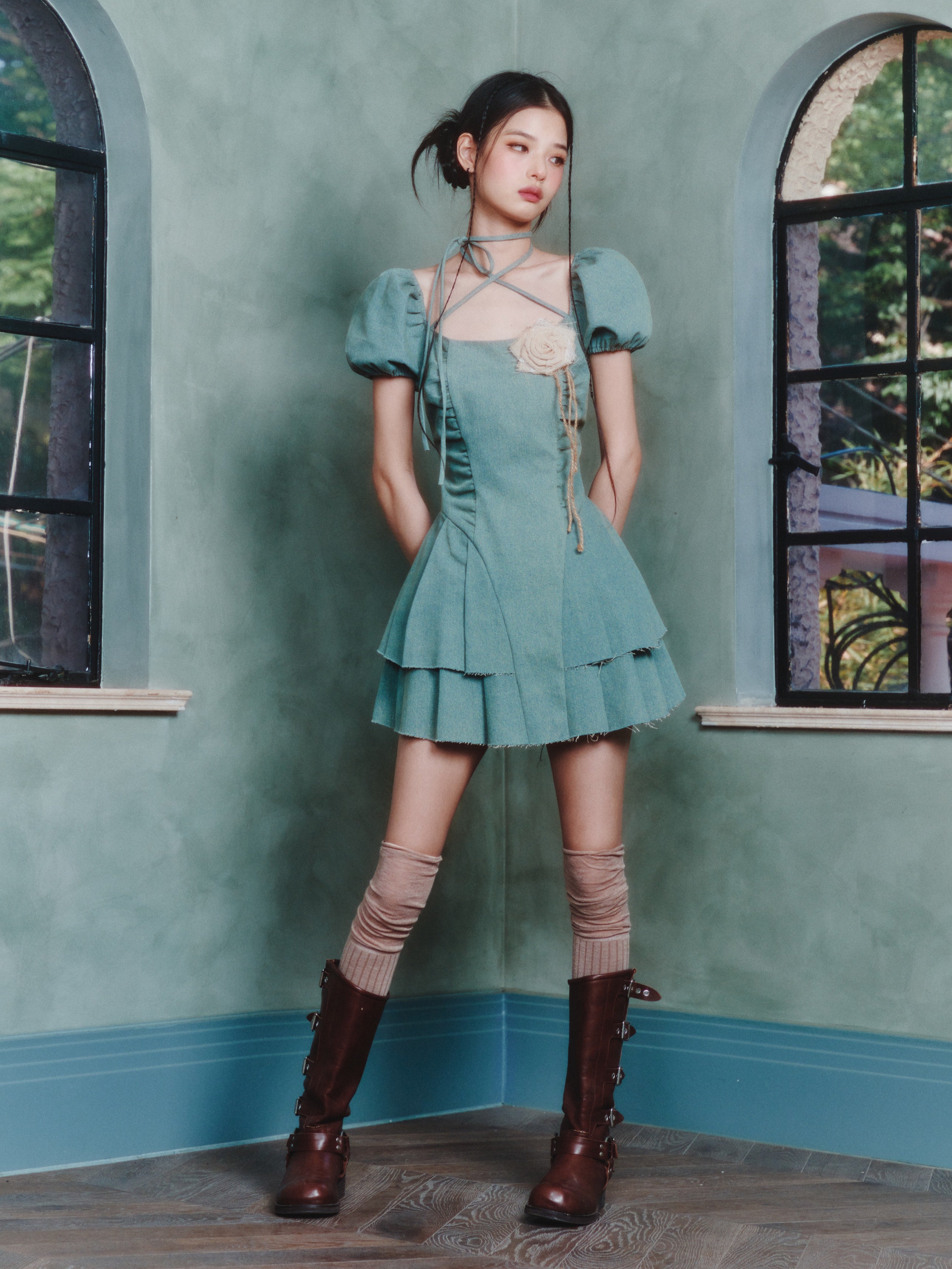 Lace-up Pleated Puff Sleeve Denim Dress