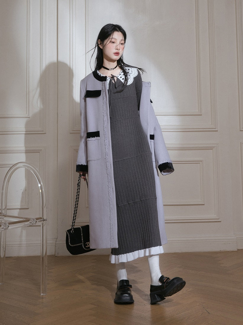 Contrast Color No-Collar Long Jacket & A-Line Skirt