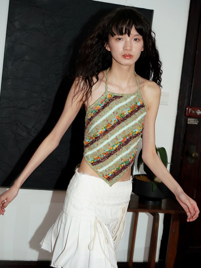 대조적 인 줄무늬 원사 니트 홀터 탱크 탑