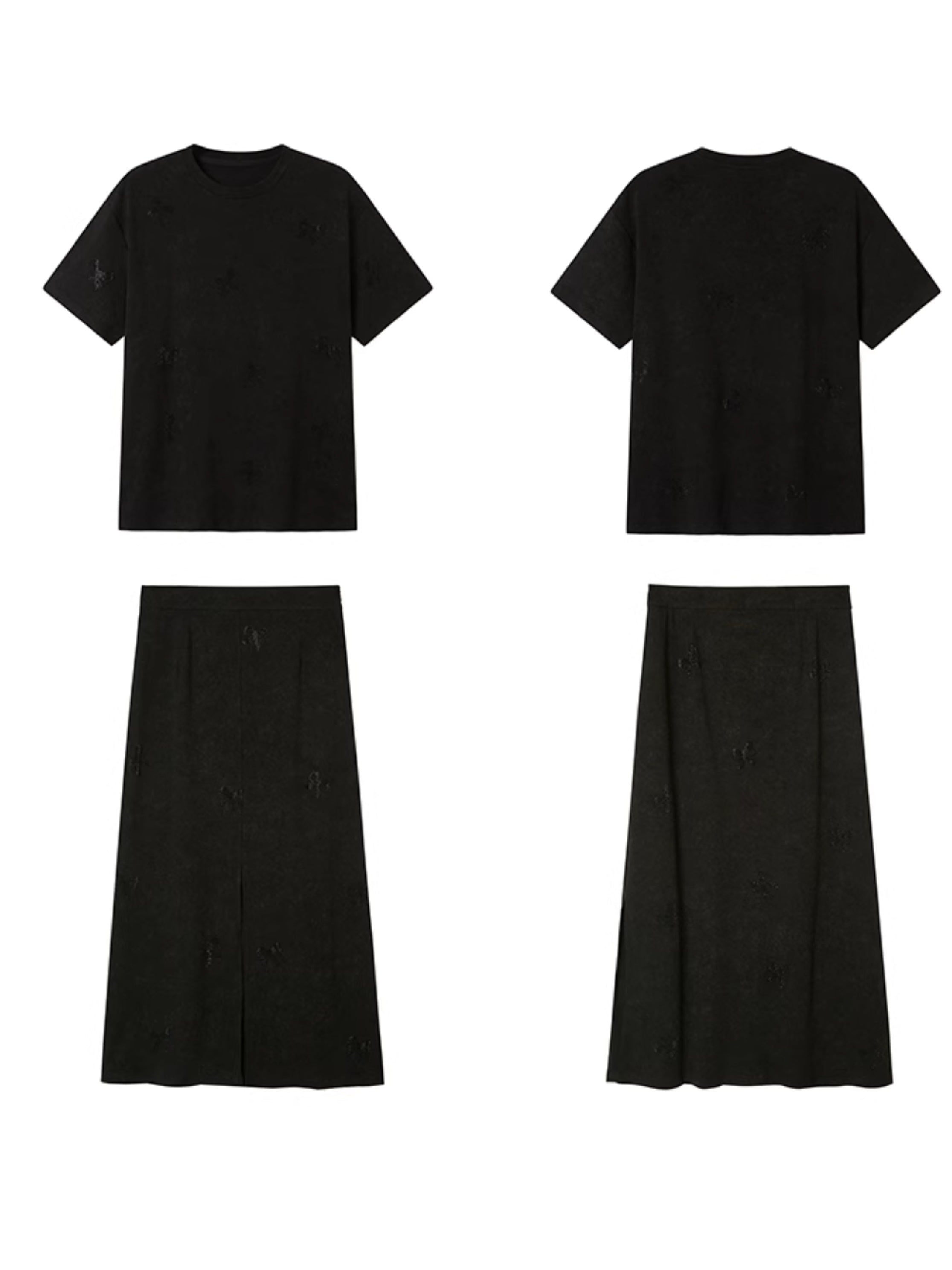 Ribbon Print Round Neck T-Shirt & Fit Slit Long Skirt