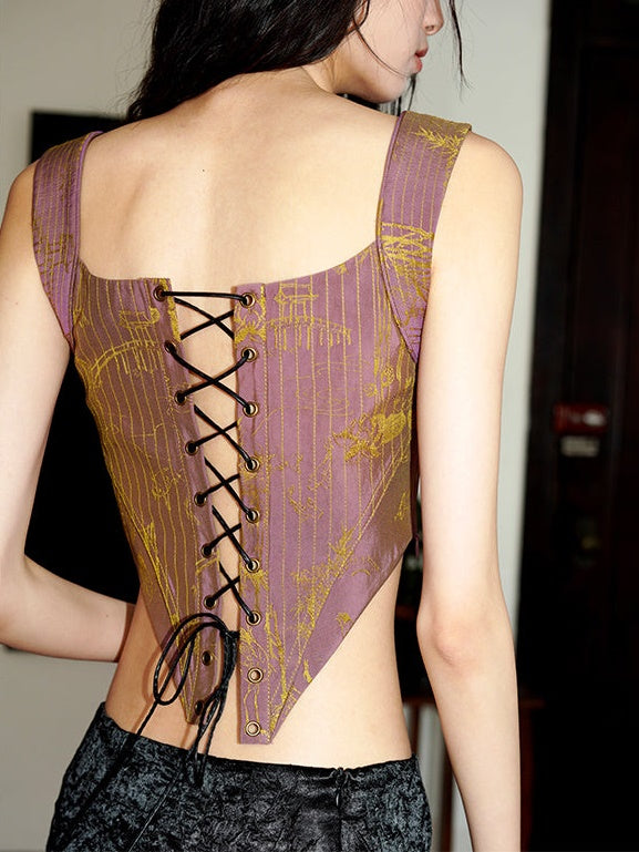 자카드 백 레이스 업 슬림 코르셋 탑