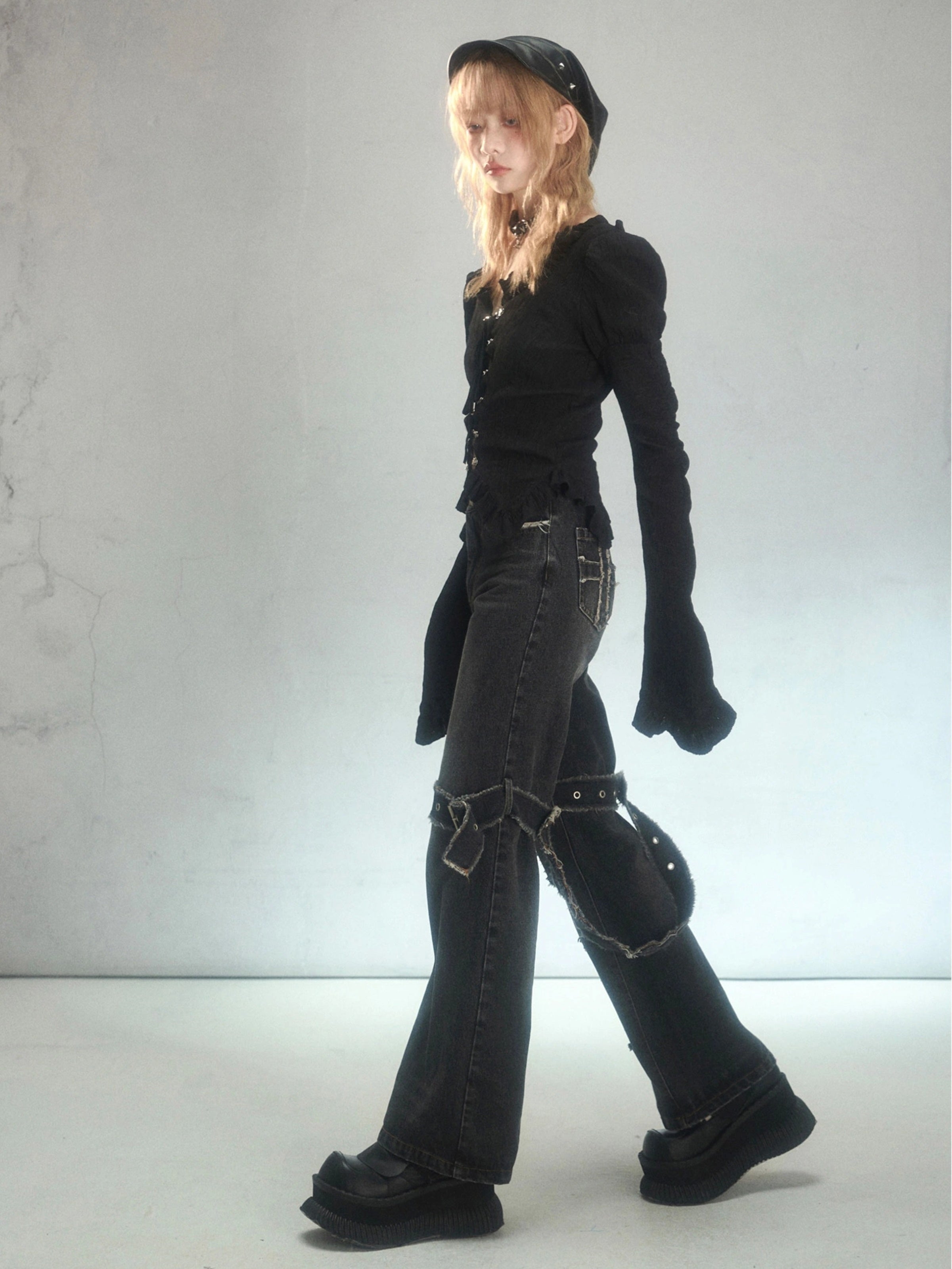 Punk Raw Edge Ripped Holes Flared Denim Trousers