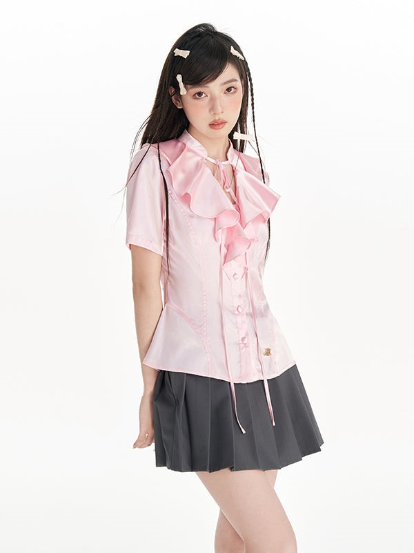 Lotus Ruffled Tie Short-sleeved Shirt