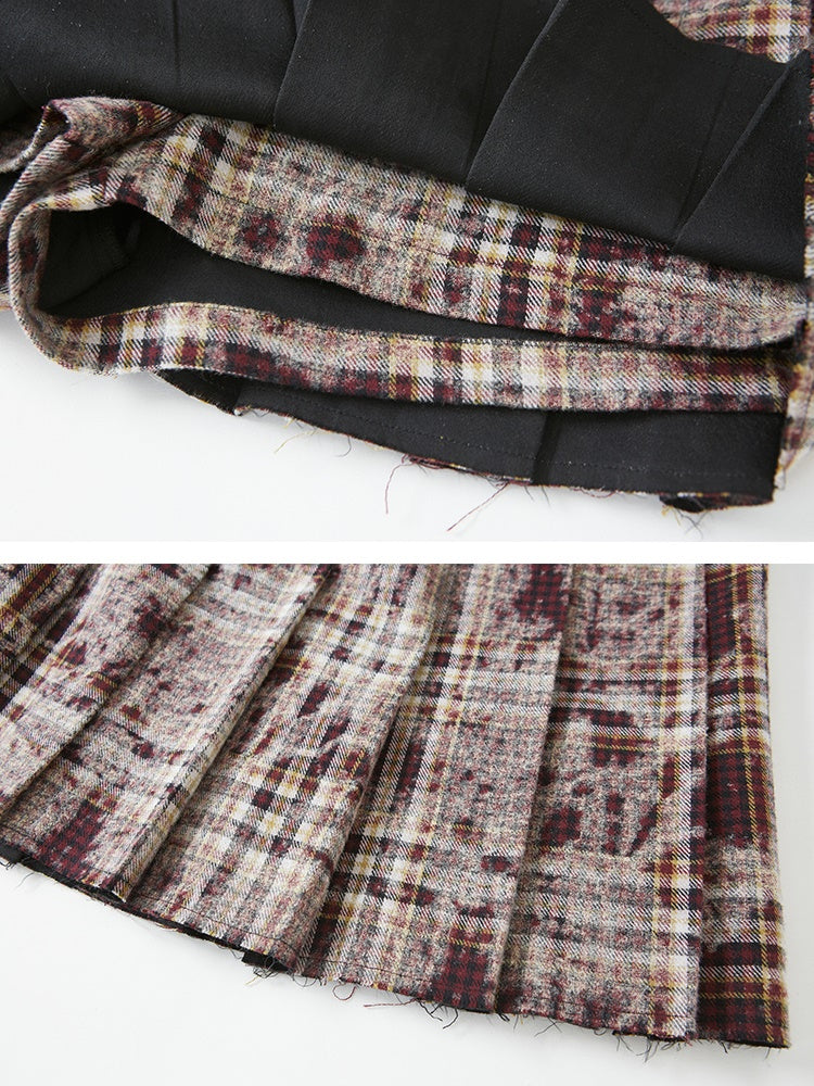 Plaid Loose Long Sleeve Shirt & Pleated Skirt