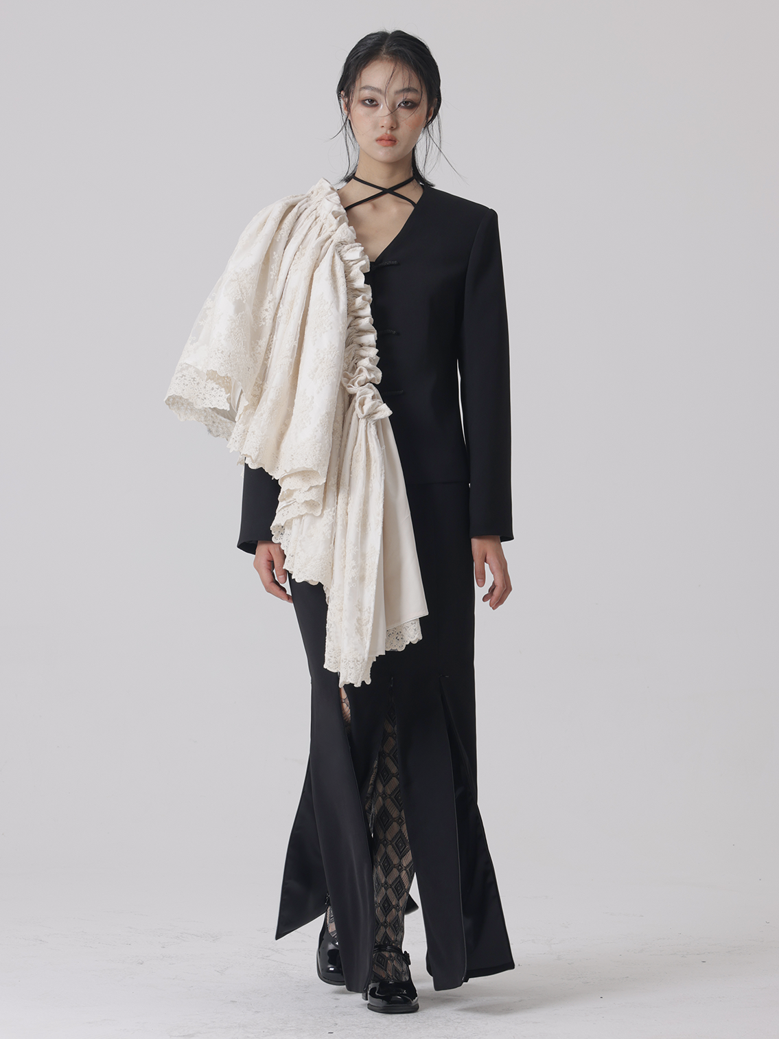 Detachable Lace V-neck Jacket & Slit Skirt