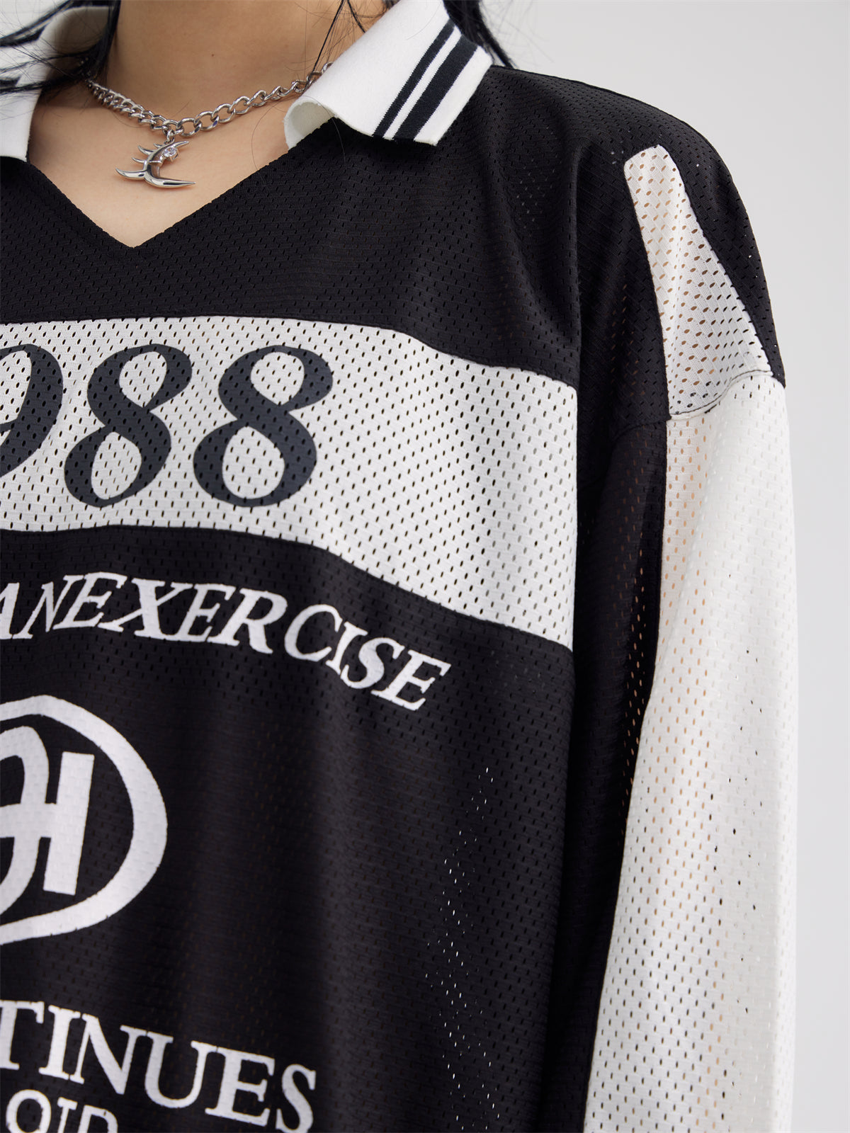 Polo Collar Mesh Print Long-sleeved T-shirt